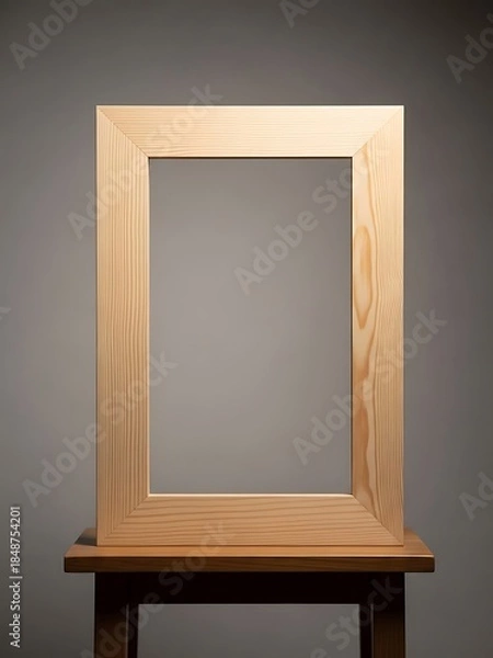 Obraz Minimalist wooden picture frame on a small table against soft backdrop