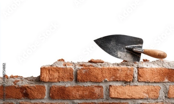 Obraz Brick wall construction with trowel, building process, close up view.