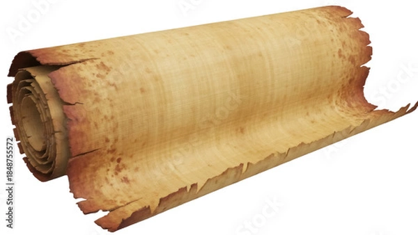 Obraz Old parchment scroll PNG isolated on transparent background, ancient paper roll with weathered texture for historical documents and fantasy maps