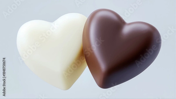 Obraz 寄り添うハート型のホワイトチョコレートとミルクチョコレートの3Dレンダリング