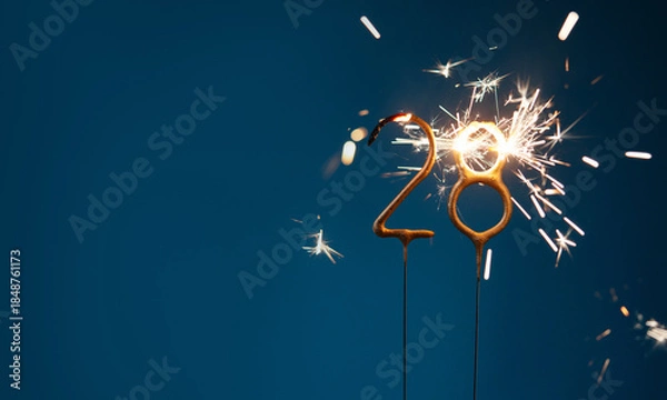 Obraz 28 years celebration festive background with copy space made with Bengal fires in the form of number Twenty eight.