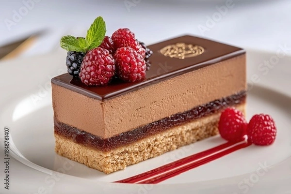Obraz Slice of chocolate mousse cake with a raspberry layer.