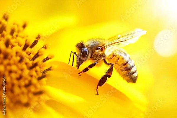 Fototapeta Honey Bee Collecting Pollen On Bright Yellow Sunflower Close Up