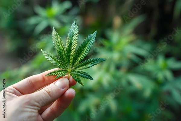 Obraz hand holding a cannabis leaf close up