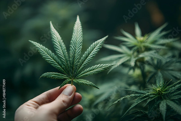 Obraz hand holding a cannabis leaf close up