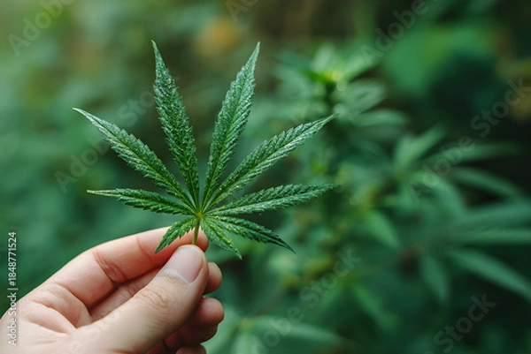 Obraz hand holding a cannabis leaf close up