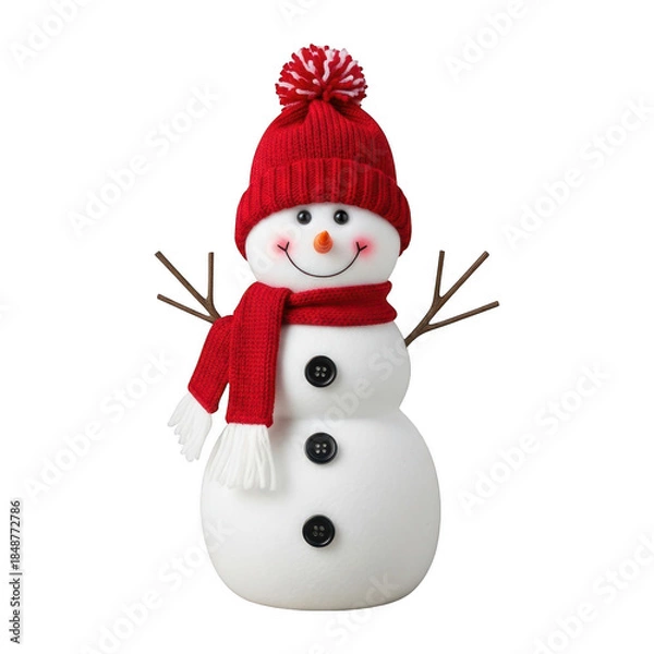 Fototapeta Snowman with red hat and scarf isolated on transparent background isolated on transparent background