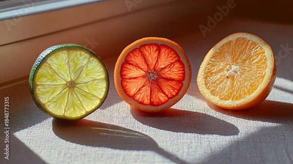 Fototapeta Backlit citrus fruit halves of lime grapefruit and orange in a row casting long shadows from window sunlight, fresh healthy food concept

