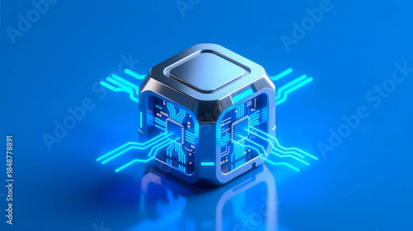 Obraz Conceptual 3D intelligence node radiating symmetrical blue-neon signals, set against a pure, solid, futuristic blue neon background.