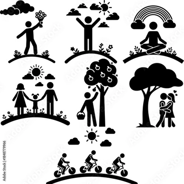 Obraz Stick Figure People Enjoying Outdoor Activities and Nature Icons Set