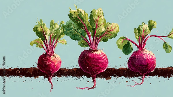 Obraz Three Red Beets with Green Leaves in Soil beetroot
