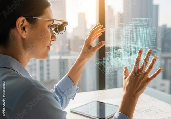 Fototapeta Professional architect woman in AR glasses interacts with futuristic holographic 3D building model for city planning and design.