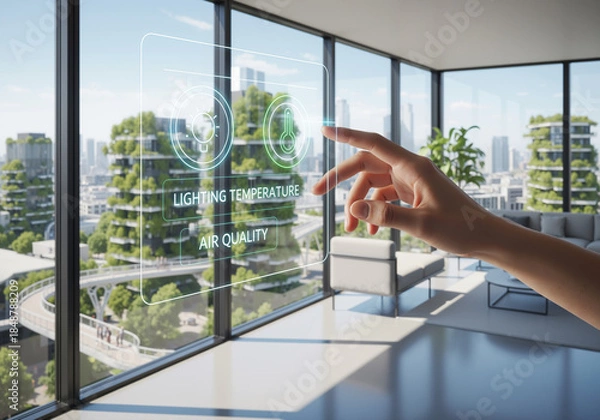 Fototapeta Smart home technology interface for climate control, with a hand interacting in a modern apartment overlooking a green city.