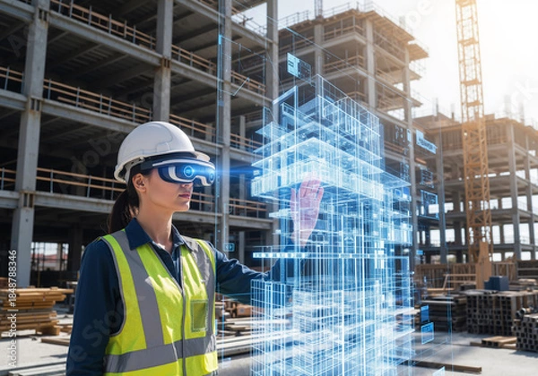 Fototapeta Construction engineer using augmented reality (AR) goggles to analyze digital building model on site, future technology.