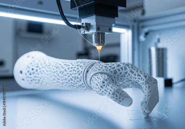 Fototapeta Advanced 3D printer fabricating an intricate lattice-structured prosthetic hand, highlighting modern additive manufacturing technology and innovation.