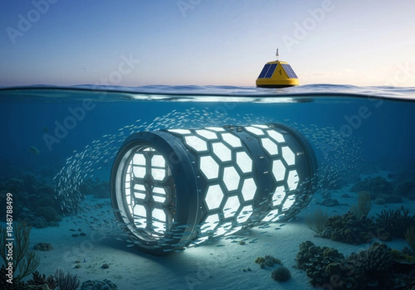 Fototapeta Futuristic underwater research station for ocean exploration and marine science, glowing with advanced technology in a deep sea environment.