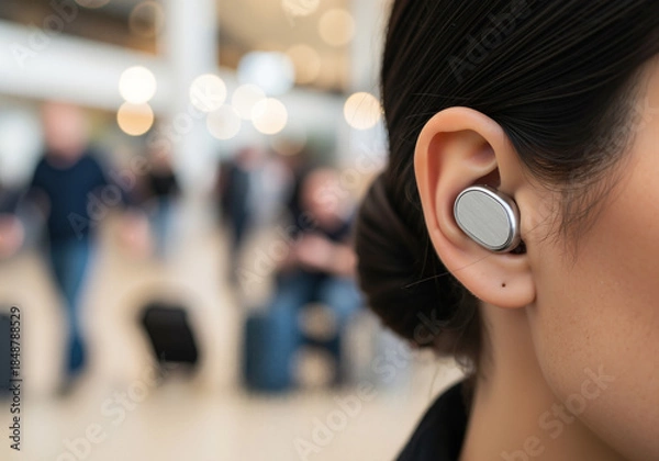 Fototapeta Close-up of a woman's ear with a silver wireless earbud in a busy airport or public transport terminal.