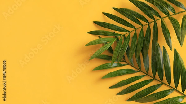 Obraz Tropical Palm Frond Against Yellow Backdrop leaf green