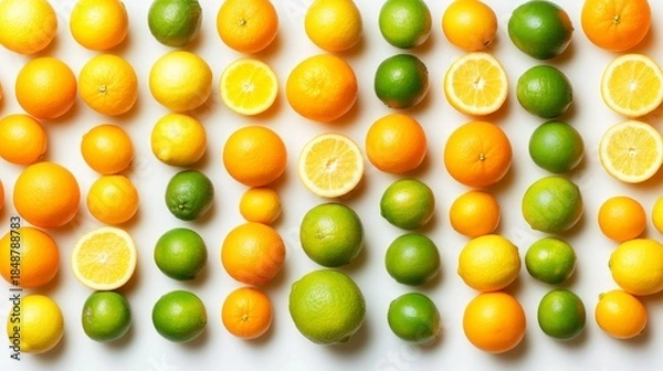 Obraz Colorful arrangement of whole and sliced lemons, limes, and oranges creating a vibrant pattern against a white background, showcasing fresh citrus fruits