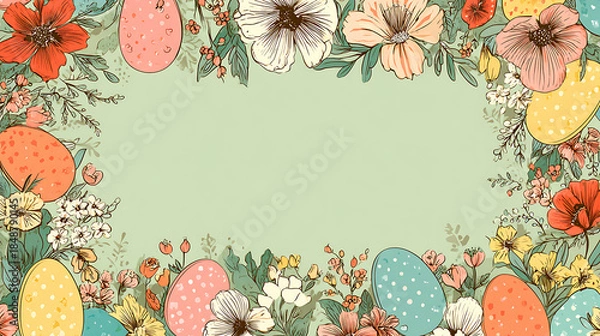 Obraz Vintage Easter Eggs and Flowers Border on Light Green