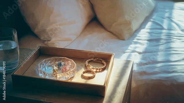 Obraz ベッドサイドに置かれたジュエリートレイが、一日の始まりを静かに感じさせる寝室の情景