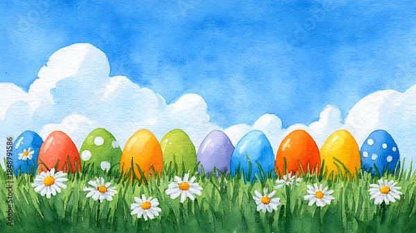 Obraz Watercolor Easter Eggs in Green Grass Under Blue Sky