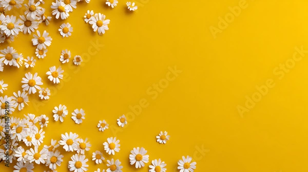Obraz White daisies scattered on a bright yellow background