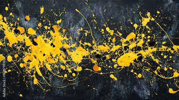 Obraz Yellow and Black Paint Splatter Abstract on Textured Surface