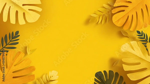 Obraz Yellow Background with Mixed Tropical Leaf Border leaves