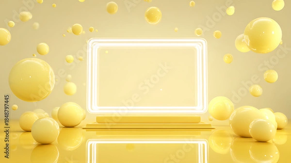Obraz Yellow Rectangular Neon Frame on Podium with Spheres