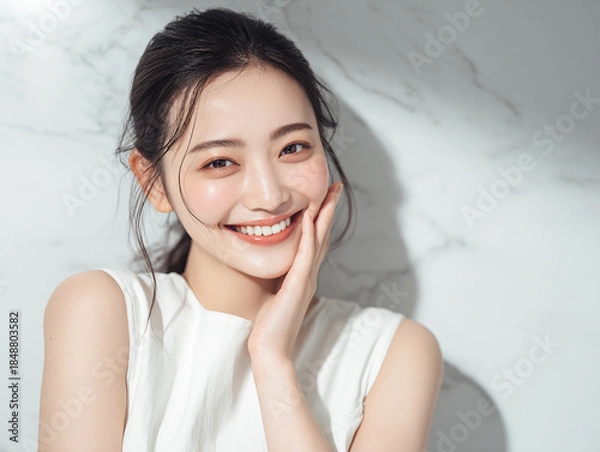 Obraz 笑顔できらめく綺麗な肌と白い歯を見せる日本人女性美人モデルの接写写真。オーラルケア、スキンケア、コスメ広告用。
