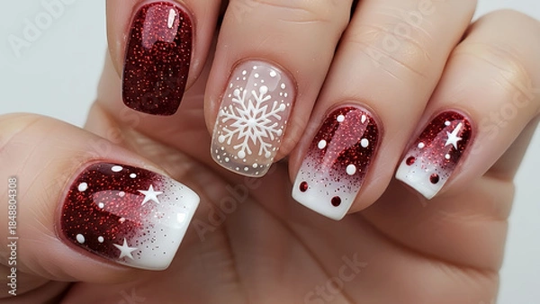 Fototapeta 冬のショートネイル 赤と白のグラデーションと雪の結晶