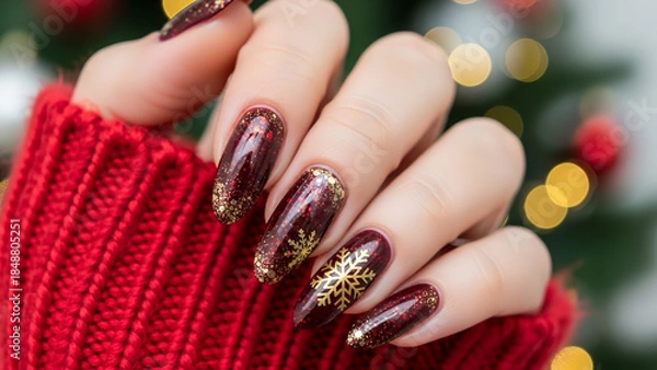 Fototapeta 冬の赤いニットとゴールドラメが輝く華やかなジェルネイル
