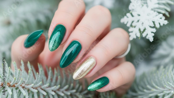 Fototapeta 冬の森とエメラルドグリーンのネイルアート クリスマスシーズンの手元