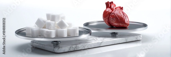 Obraz Hyper-Realistic Medical Concept Showing the Dangerous Imbalance Between Refined Sugar Consumption and Human Heart Health, Scientific Visual Metaphor. On white background with copy space. Generative Ai