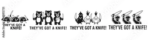 Fototapeta They've Got a Knife! Illustration: A playful black and white cartoon illustration of vegetables with knives, depicting a humorous and slightly absurd scene.