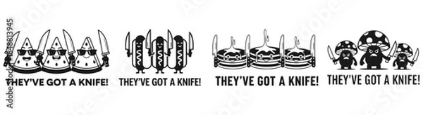 Fototapeta Playful Warning: A comical illustration of animated food items armed with knives, showcasing a humorous, lighthearted message. The scene is presented in a straightforward black and white palette.