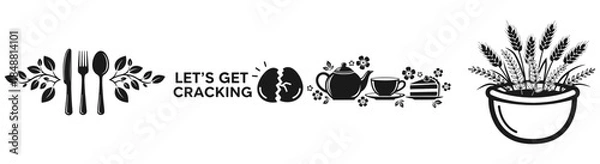 Fototapeta Kitchen and Table: A detailed drawing of kitchen utensil and food and plant decorated in simple form, ideal for designs related to cooking, dining, or culinary activities