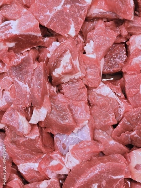 Obraz Close-Up of Fresh Raw Diced Beef or Mutton Cubes Ready for Stewing or Kebabs