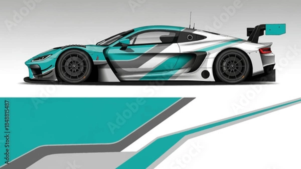 Fototapeta Sleek teal and white race car with aerodynamic styling on a geometric track-inspired background.