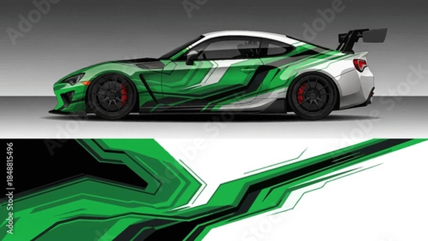 Fototapeta Sleek green race car with bold graphics and aerodynamic design on a vivid backdrop.