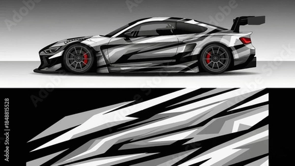 Fototapeta Sleek High Performance Racecar with Bold Black and White Graphics.
