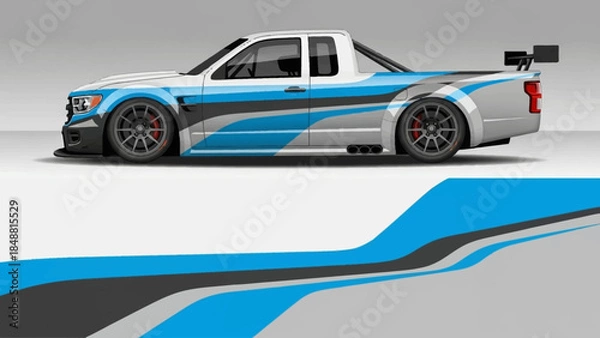 Fototapeta Sleek blue race car with bold graphics and dynamic spoiler on track.