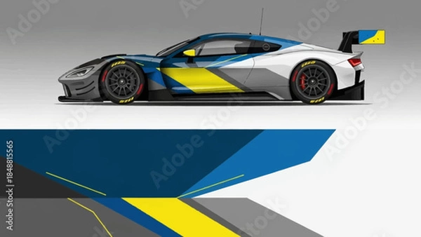 Fototapeta Sleek race car side profile featuring blue and yellow livery against a geometric studio backdrop.