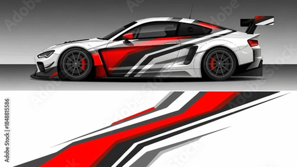 Fototapeta Sleek racing car with bold red black white graphics and dynamic stripe design for high speed impact.