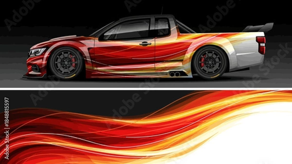 Fototapeta Dynamic red and orange race car with fiery design on dark background.