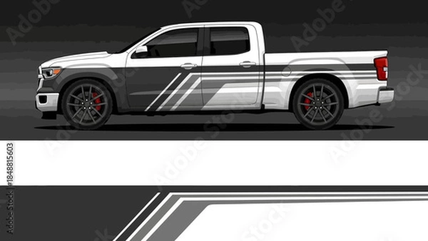 Fototapeta Bold custom pickup truck with racing stripes and graphic livery on sleek dark design.
