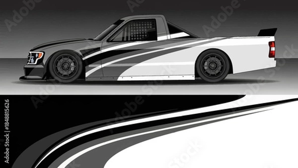 Fototapeta High-contrast stylized race car with bold white and gray graphics and sleek curves.