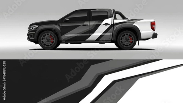 Fototapeta Side view of a black pickup truck with bold white and gray graphic stripes.