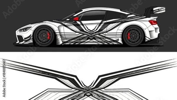 Fototapeta Monochrome racing car silhouette with abstract graphic lines and dynamic design.